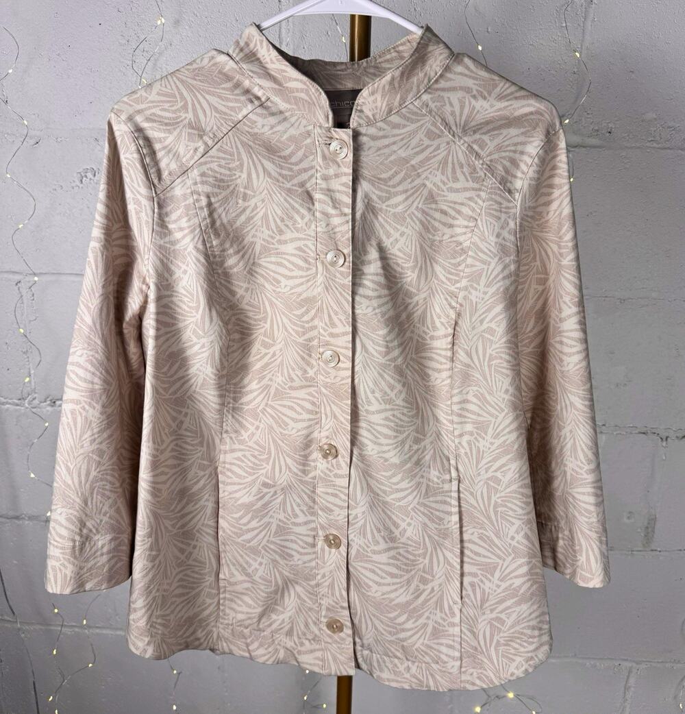 chico’s women’s size 2 L beige botanical leaf print button jacket